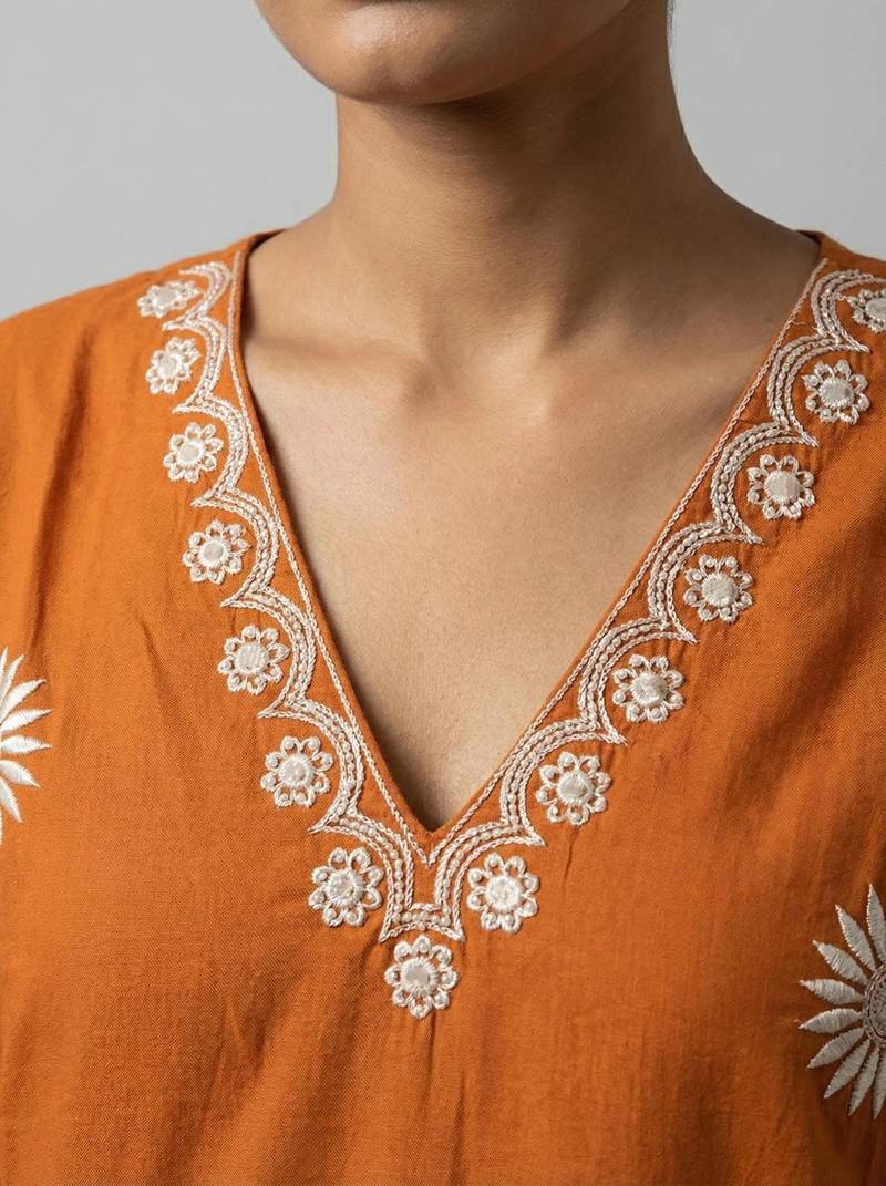 Women orange cotton printed kurta pant dupatta set with hand work and embroidered