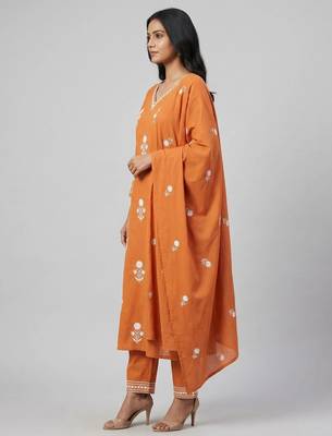 Women orange cotton printed kurta pant dupatta set with hand work and embroidered 4