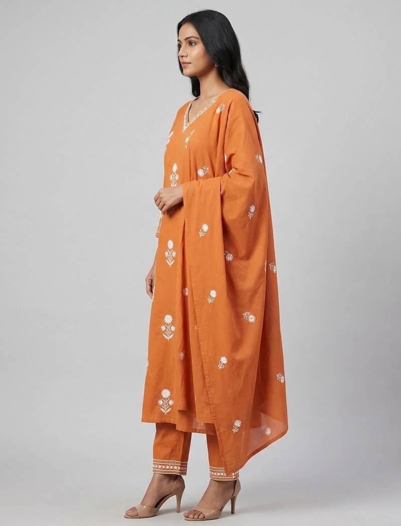 Women orange cotton printed kurta pant dupatta set with hand work and embroidered