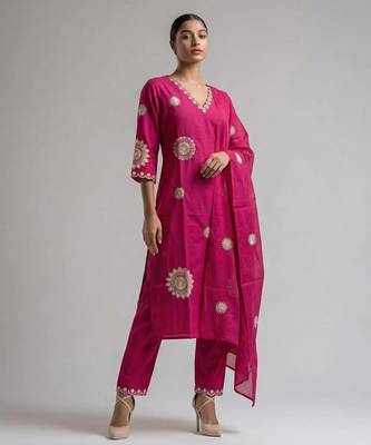 Women pink cotton printed kurta pant dupatta set with hand work and embroidered 1