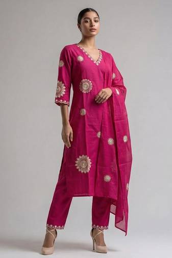 Women pink cotton printed kurta pant dupatta set with hand work and embroidered