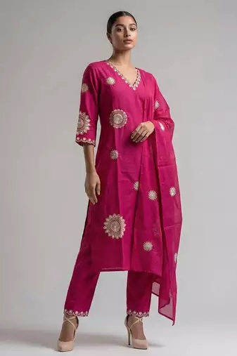 Women pink cotton printed kurta pant dupatta set with hand work and embroidered