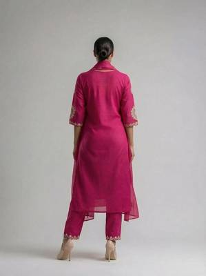 Women pink cotton printed kurta pant dupatta set with hand work and embroidered 2