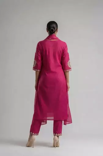 Women pink cotton printed kurta pant dupatta set with hand work and embroidered