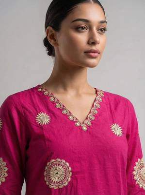 Women pink cotton printed kurta pant dupatta set with hand work and embroidered 3