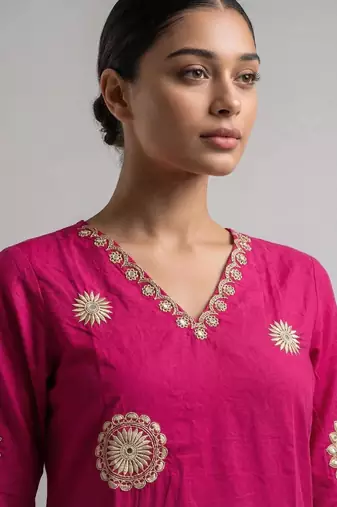 Women pink cotton printed kurta pant dupatta set with hand work and embroidered