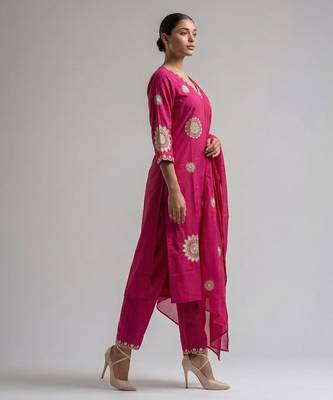 Women pink cotton printed kurta pant dupatta set with hand work and embroidered 4