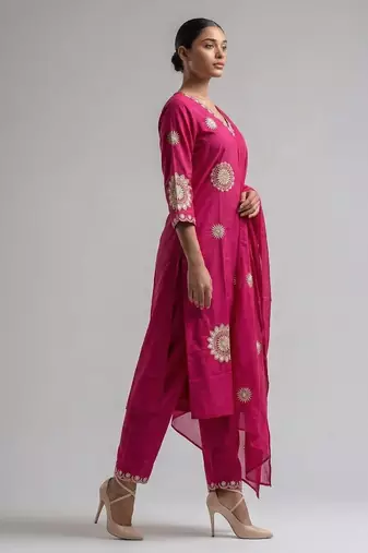 Women pink cotton printed kurta pant dupatta set with hand work and embroidered