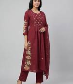 Women maroon cotton printed kurta pant dupatta set with hand work and embroidered