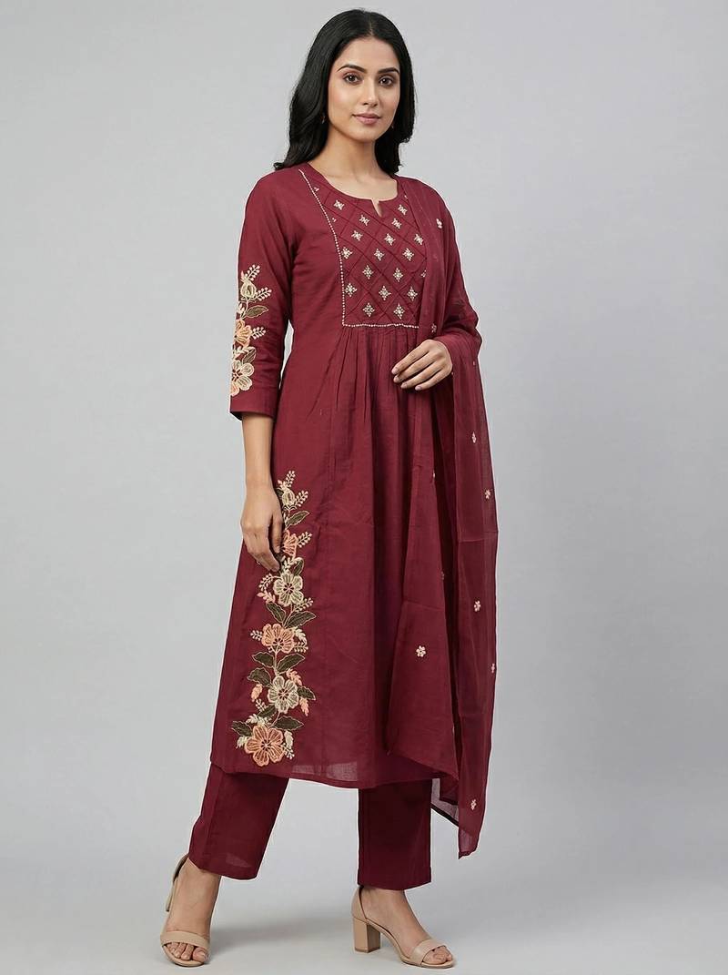 Women maroon cotton printed kurta pant dupatta set with hand work and embroidered
