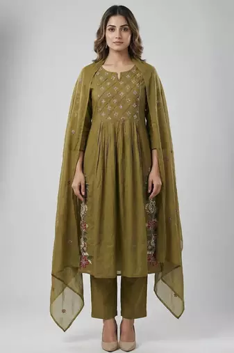 Women green cotton printed kurta pant dupatta set with hand work and embroidered