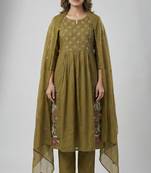 Women green cotton printed kurta pant dupatta set with hand work and embroidered