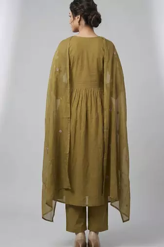 Women green cotton printed kurta pant dupatta set with hand work and embroidered