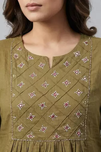 Women green cotton printed kurta pant dupatta set with hand work and embroidered