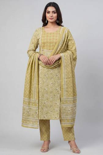 Women light green cotton printed kurta pant dupatta set with hand work and embroidered