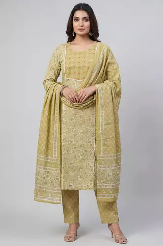 Women light green cotton printed kurta pant dupatta set with hand work and embroidered