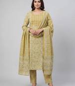 Women light green cotton printed kurta pant dupatta set with hand work and embroidered