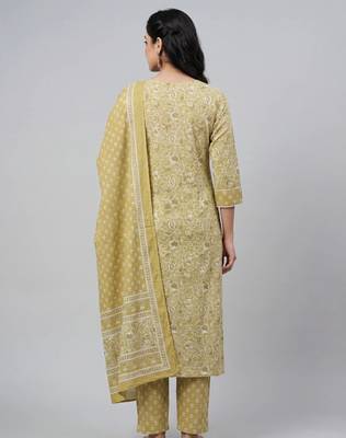 Women light green cotton printed kurta pant dupatta set with hand work and embroidered 2