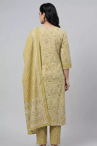 Women light green cotton printed kurta pant dupatta set with hand work and embroidered