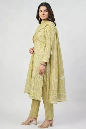 Women light green cotton printed kurta pant dupatta set with hand work and embroidered