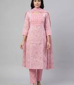 Women light pink cotton printed kurta pant dupatta set with hand work and embroidered