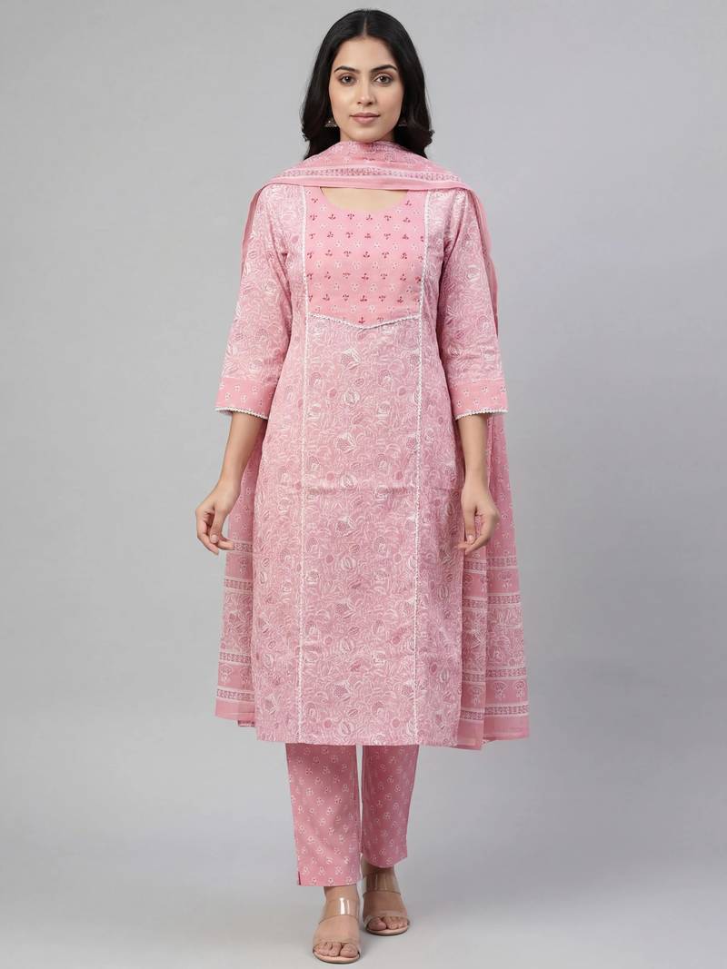 Women light pink cotton printed kurta pant dupatta set with hand work and embroidered