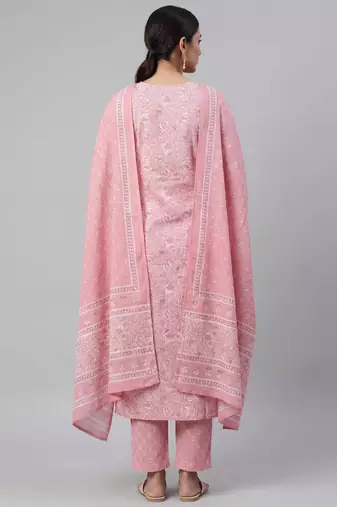 Women light pink cotton printed kurta pant dupatta set with hand work and embroidered