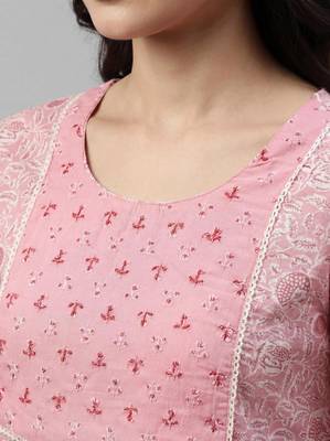 Women light pink cotton printed kurta pant dupatta set with hand work and embroidered 3