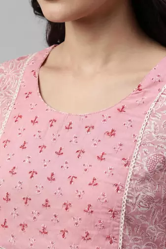 Women light pink cotton printed kurta pant dupatta set with hand work and embroidered