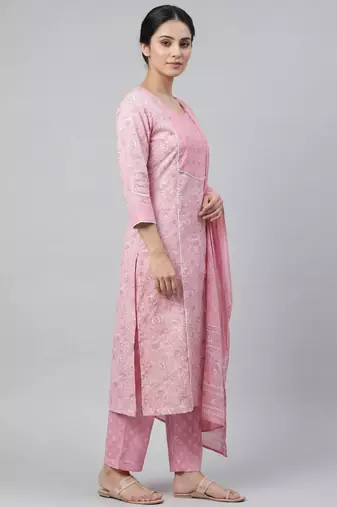 Women light pink cotton printed kurta pant dupatta set with hand work and embroidered