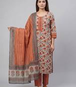 Women light maroon cotton printed kurta pant dupatta set with hand work