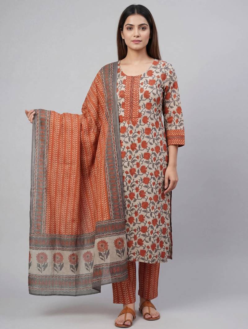 Women light maroon cotton printed kurta pant dupatta set with hand work