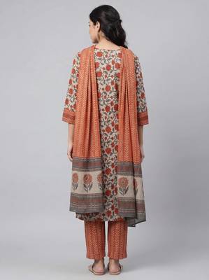 Women light maroon cotton printed kurta pant dupatta set with hand work 2