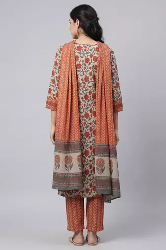 Women light maroon cotton printed kurta pant dupatta set with hand work