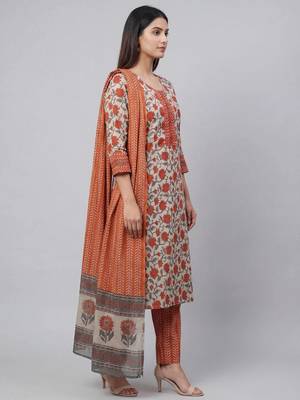 Women light maroon cotton printed kurta pant dupatta set with hand work 4
