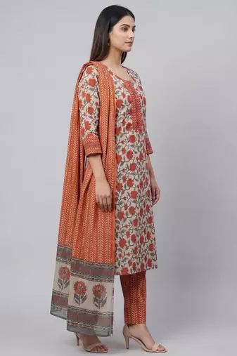 Women light maroon cotton printed kurta pant dupatta set with hand work