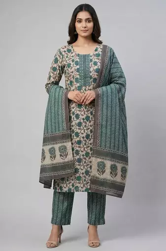 Women green cotton printed kurta pant dupatta set with hand work