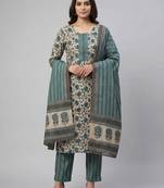 Women green cotton printed kurta pant dupatta set with hand work