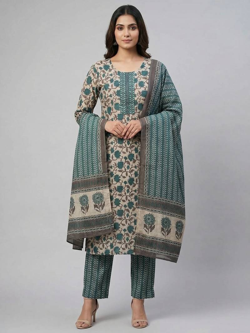 Women green cotton printed kurta pant dupatta set with hand work