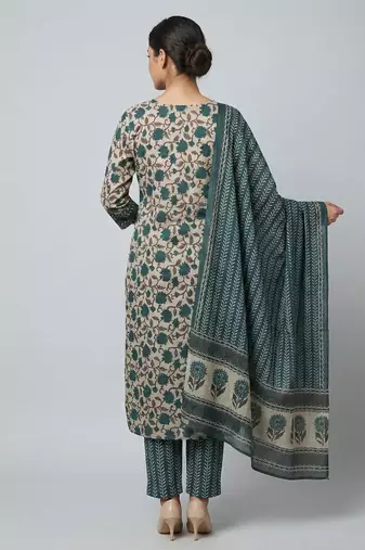 Women green cotton printed kurta pant dupatta set with hand work