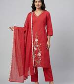 Women red cotton printed kurta pant dupatta set with hand work and embroidered lace