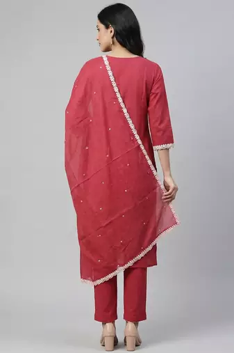 Women red cotton printed kurta pant dupatta set with hand work and embroidered lace