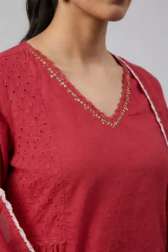 Women red cotton printed kurta pant dupatta set with hand work and embroidered lace