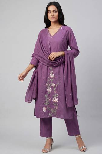 Women purple cotton printed kurta pant dupatta set with hand work and embroidered lace