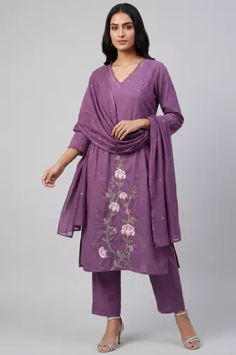 Women purple cotton printed kurta pant dupatta set with hand work and embroidered lace