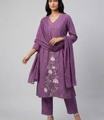 Women purple cotton printed kurta pant dupatta set with hand work and embroidered lace