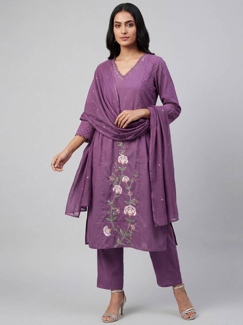 Women purple cotton printed kurta pant dupatta set with hand work and embroidered lace