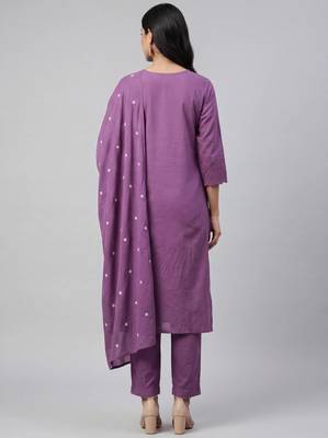 Women purple cotton printed kurta pant dupatta set with hand work and embroidered lace 2