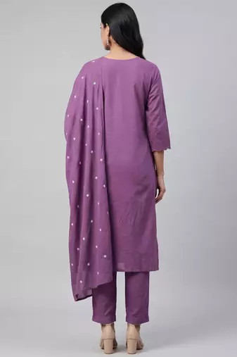 Women purple cotton printed kurta pant dupatta set with hand work and embroidered lace