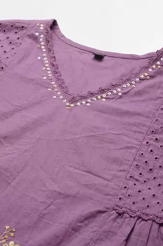 Women purple cotton printed kurta pant dupatta set with hand work and embroidered lace